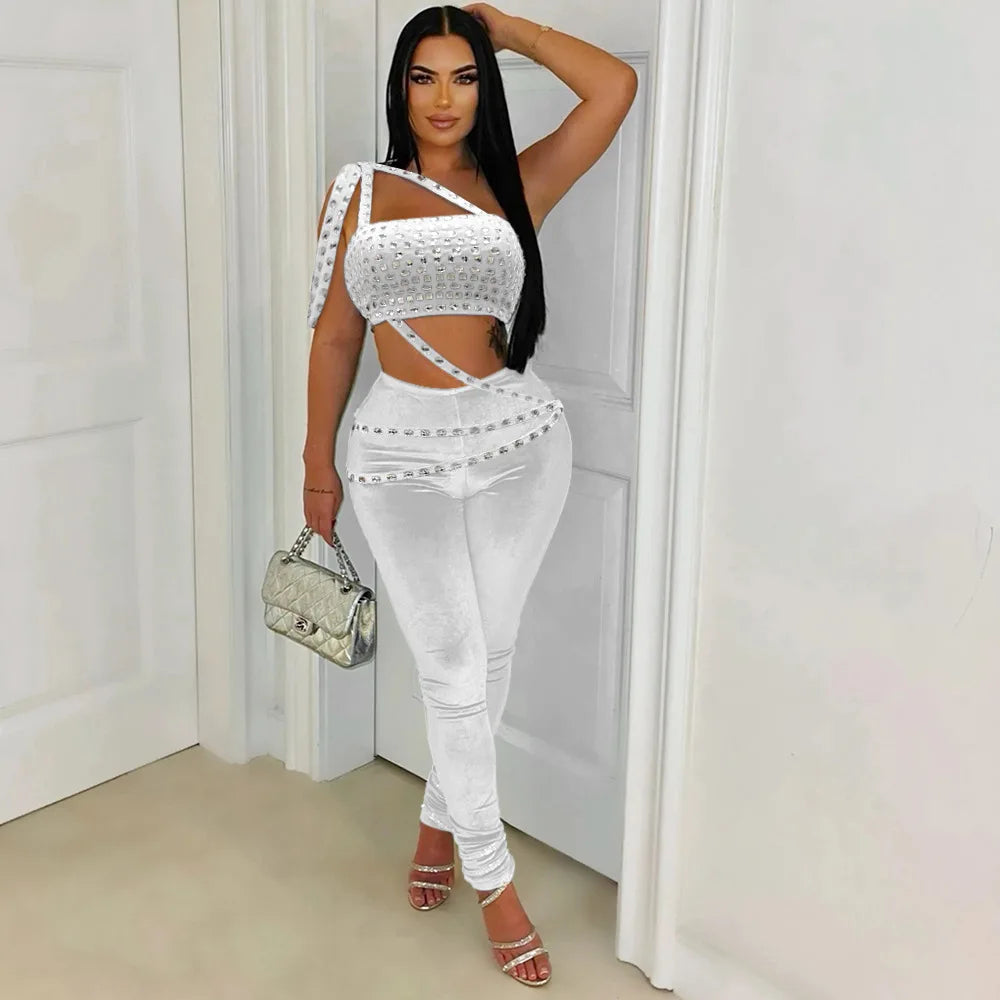 Rhinestone Velvet Two-Piece Pant Set Elegant Bodycon Crop Top Luxury Fall Outfit Sexy Stylish Look Milanni Fashion White XL