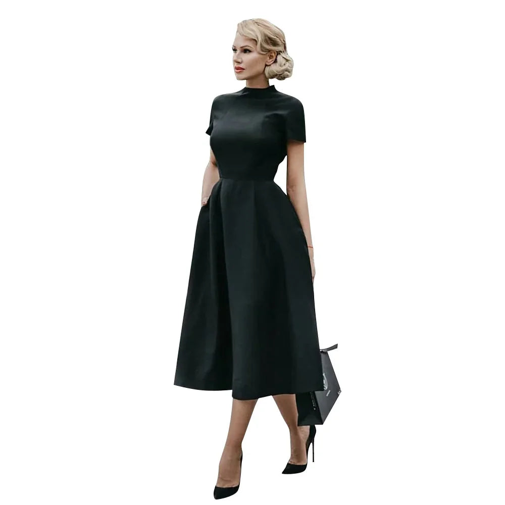 Elegant Black Dress Half High Collar High Waist A-Line Dress Slim Fit Midi Dress Maxi Dress Milanni Fashion   