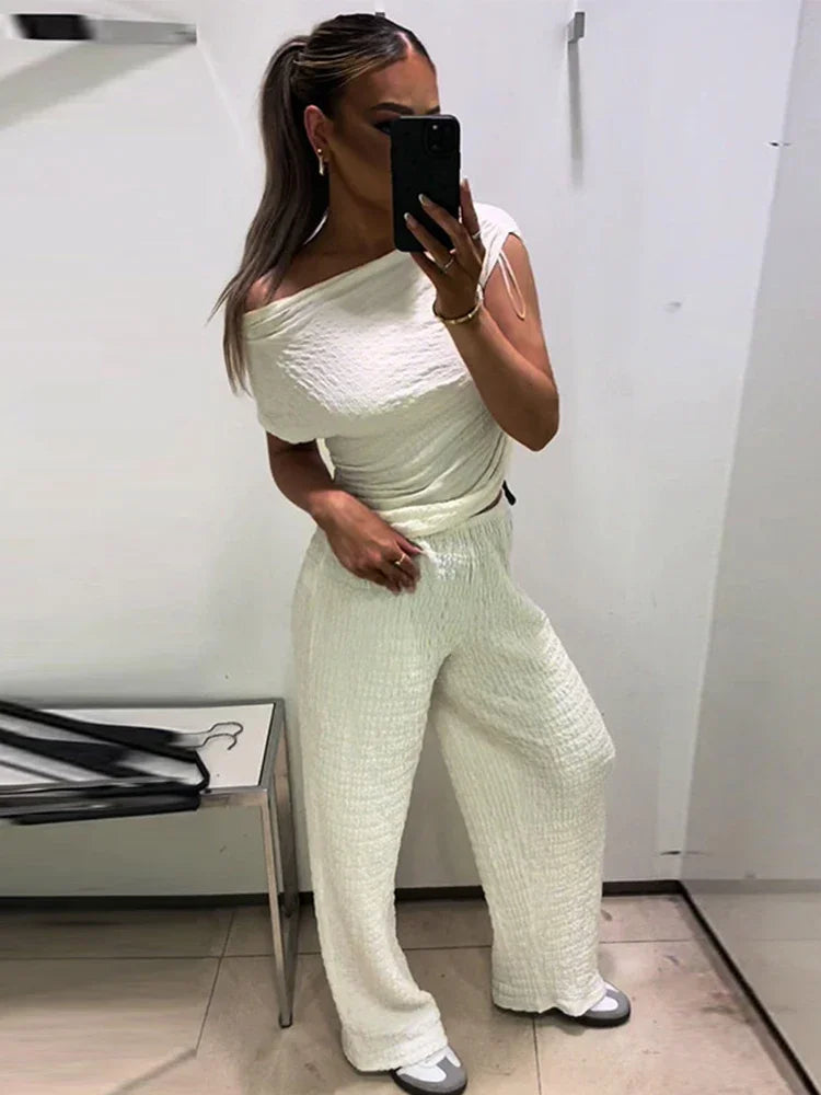 Solid Irregular Top & Pant Set for Women Skew-Collar Short Sleeve Top High Waist Loose Trousers Suit Milanni Fashion