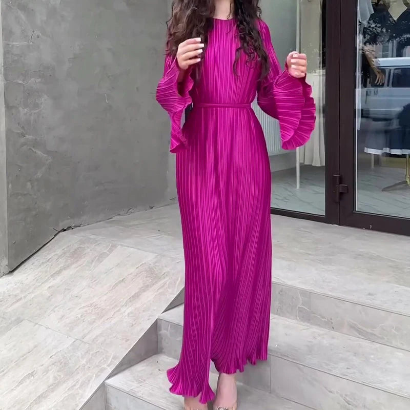 O Neck Pleated Party Dress Solid Color Flared Sleeve Gentle Temperament Elegant Dress for Women Milanni Fashion Pink L