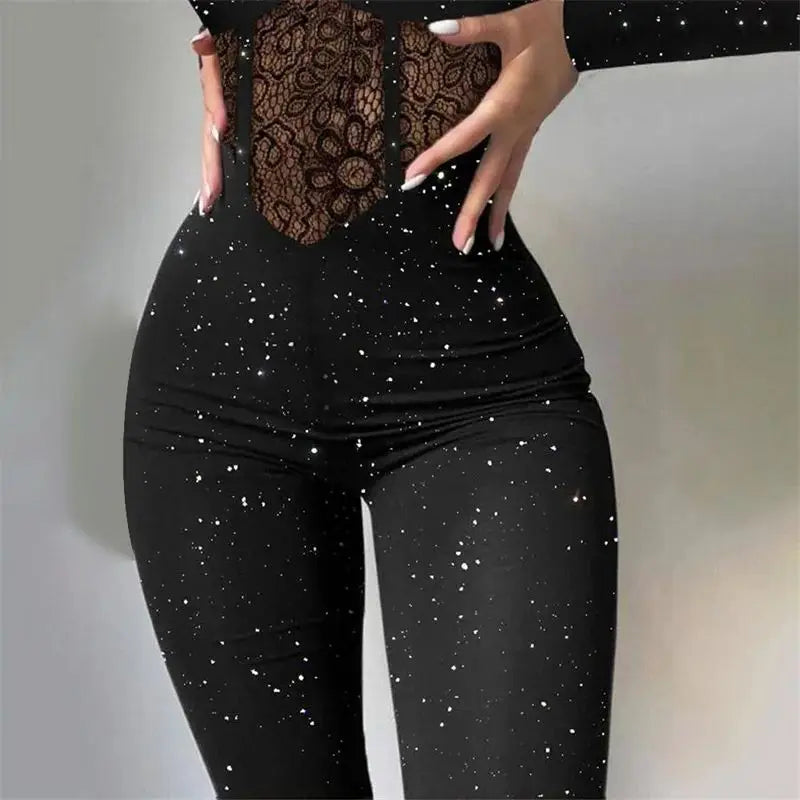 Lace See-Through Suspenders Long Sleeve Jumpsuit for Women Sexy Off-The-Shoulder Slim Glitter Romper Milanni Fashion