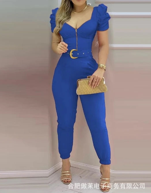 Elegant Streetwear Trendsetter Solid V-Neck Puff Sleeve High Waist Jumpsuit for Women Casual Chic Milanni Fashion