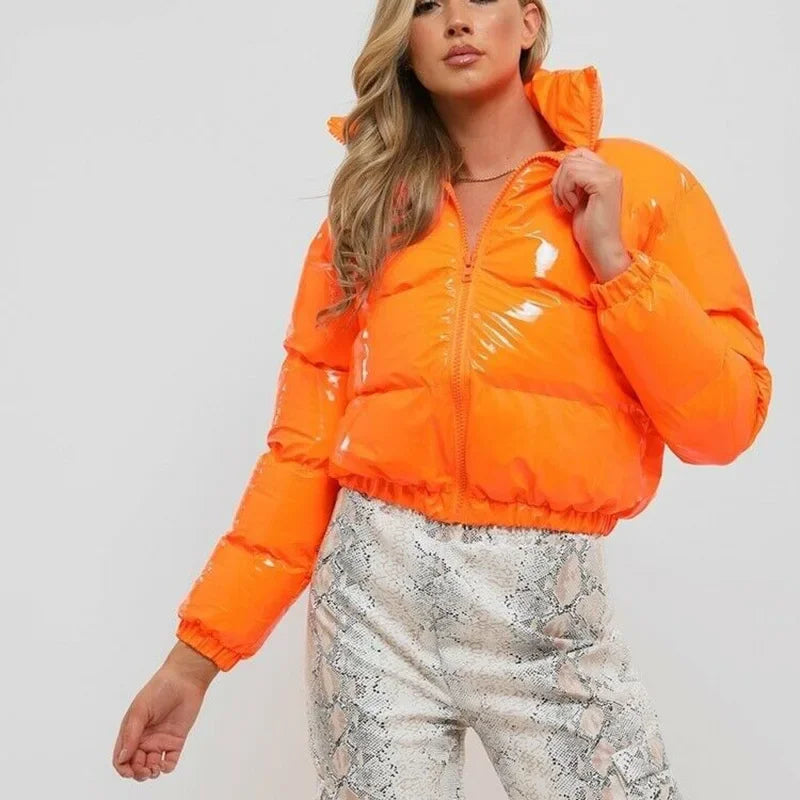 Women's Autumn/winter Padded Jacket Solid Color Mirror Zipper Jacket  Milanni Fashion S Orange 