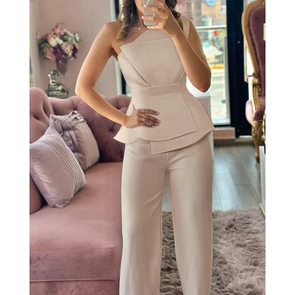 One Shoulder Ruched Top & Straight Leg Pants Set Elegant Solid Color Two Piece Set Two piece set Milanni Fashion   