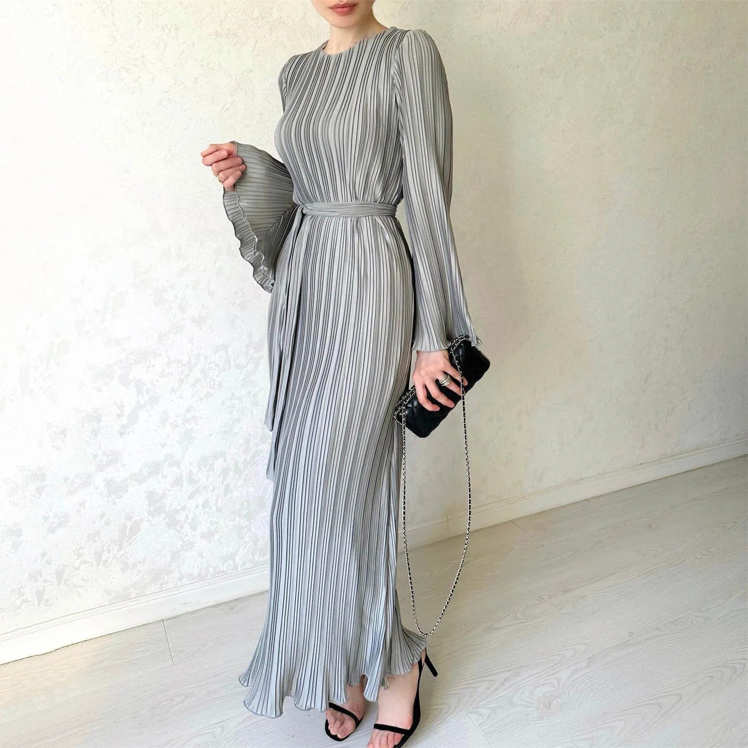 Women Flared Sleeve Ruffles O Neck Lace Up Belt Casual Loose Solid Party Dress 2024 Fall Midi Dress Milanni Fashion   