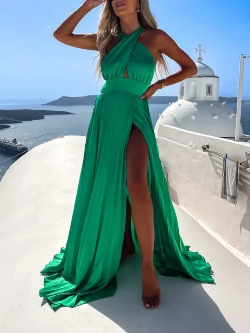 Sleeveless Cross Hanging Neck Long Dress - Bottom Split Fold Dress Maxi Dress Milanni Fashion Green S 