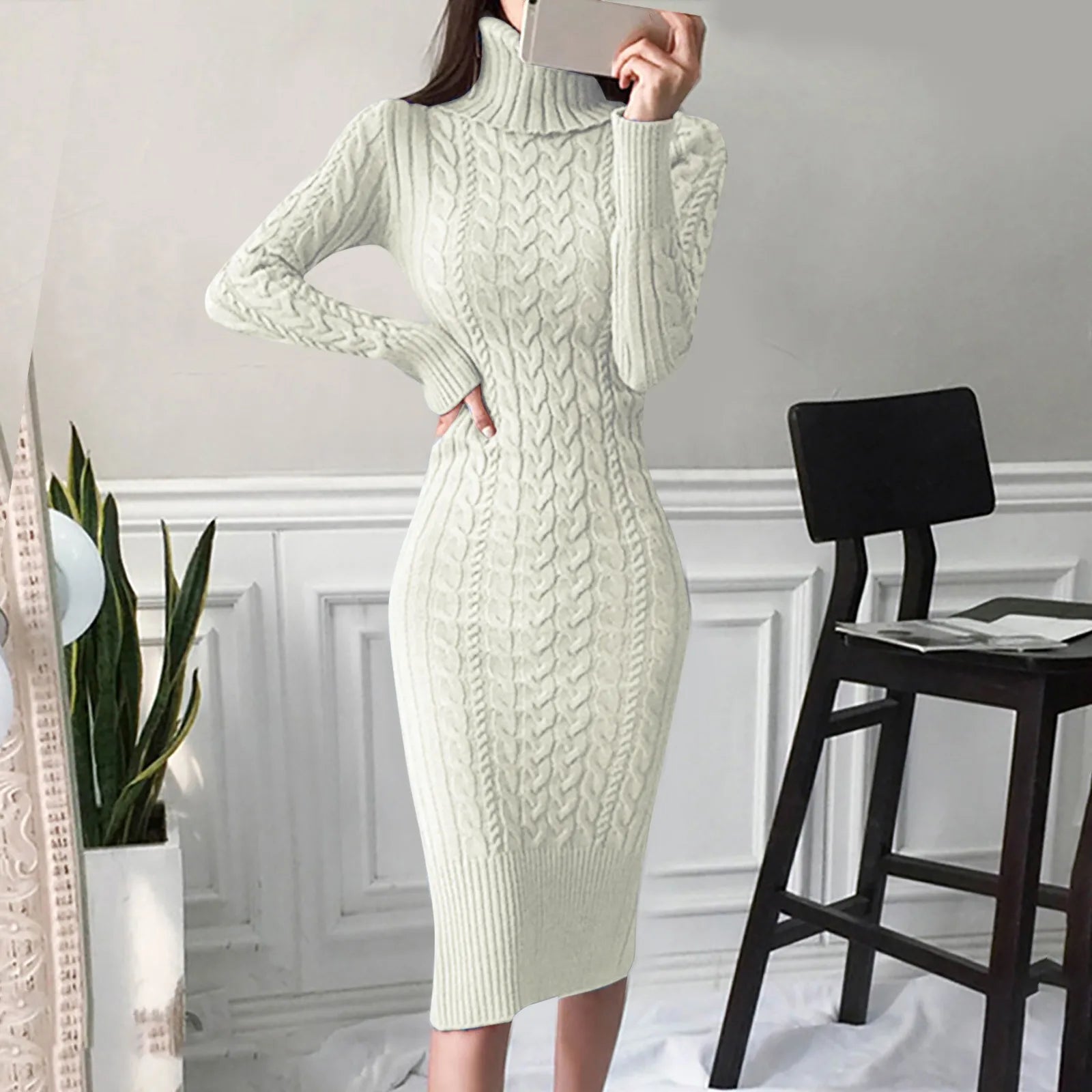 Knitted Dress Turtleneck Long Sleeve Slim and Slim Mid-length Over-the-knee Dress Midi Dress Milanni Fashion White M CN