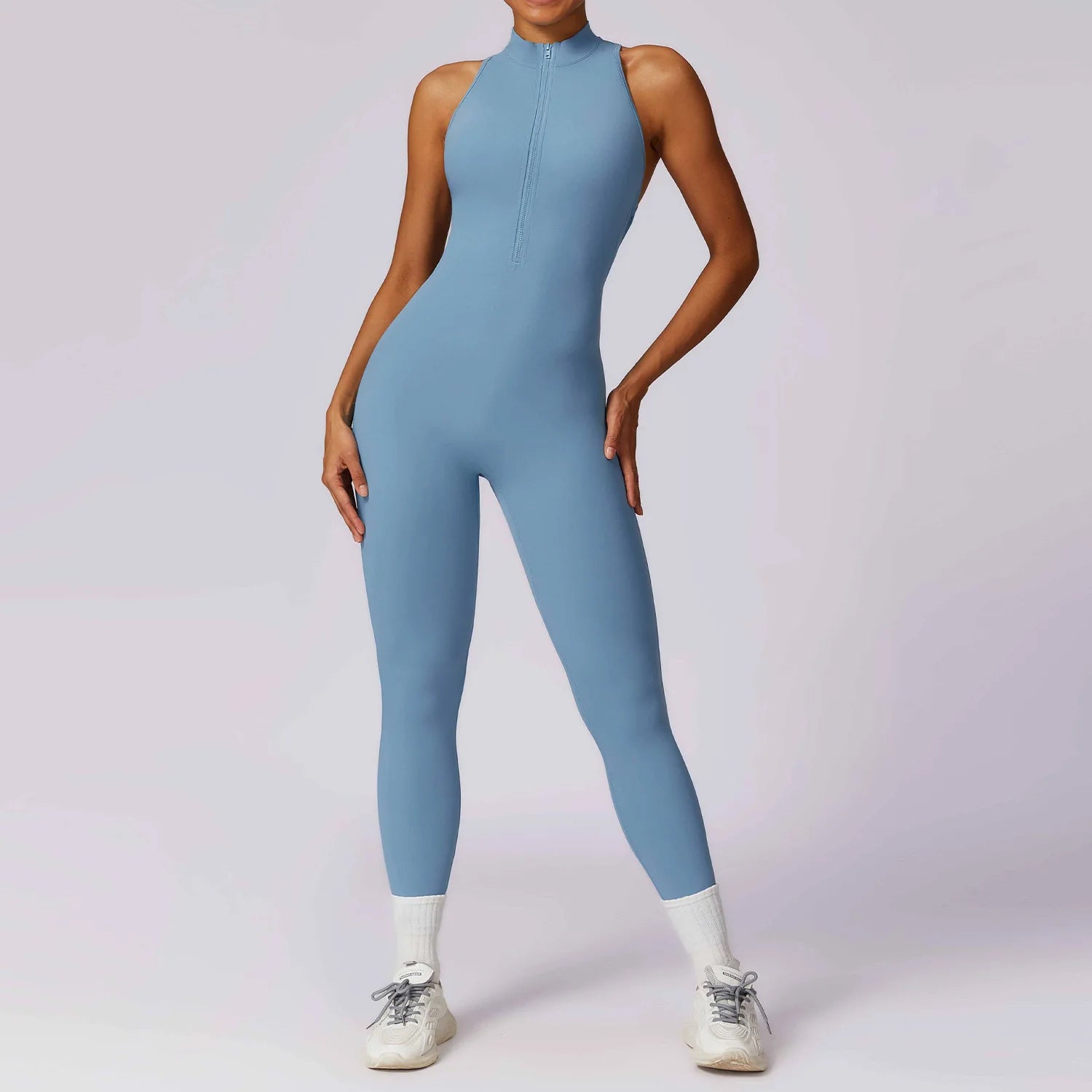 Zipper Jumpsuit Fitness Sports Gym Clothing Set Yoga Wear Pilates Workout Clothes  Milanni Fashion haze blue L CHINA