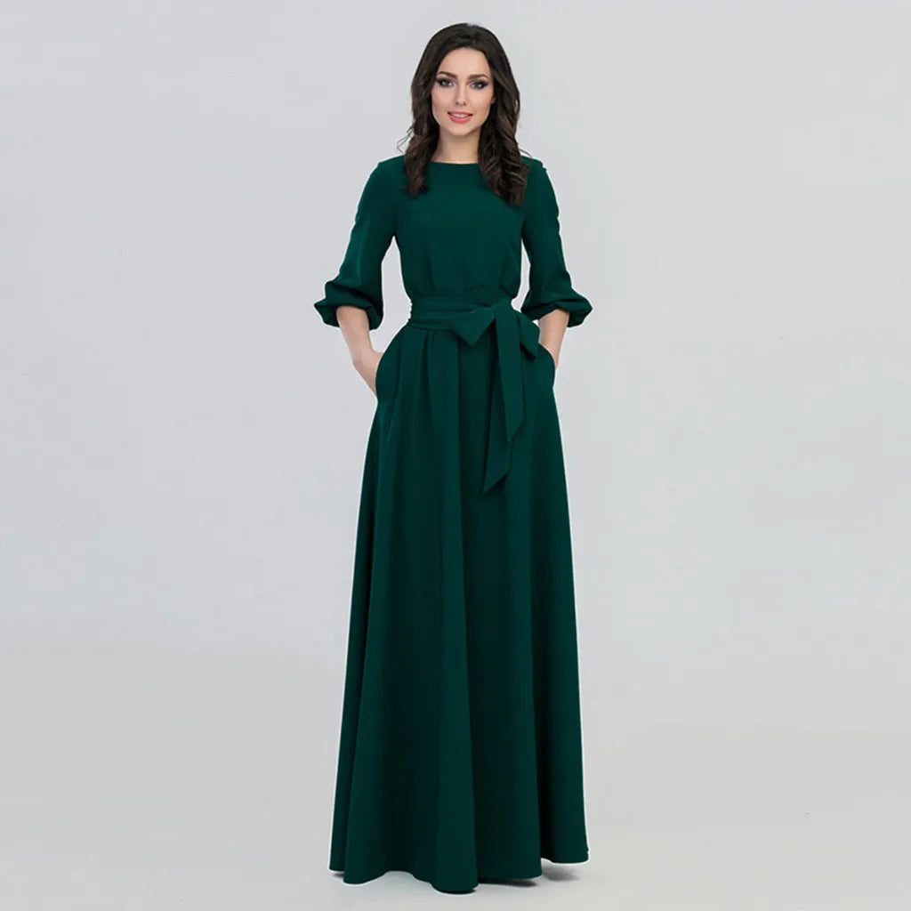 Women's Lantern Sleeve Long Party Dress Vintage Bow Tie Maxi Dress Maxi Dress Milanni Fashion Green 4XL CN