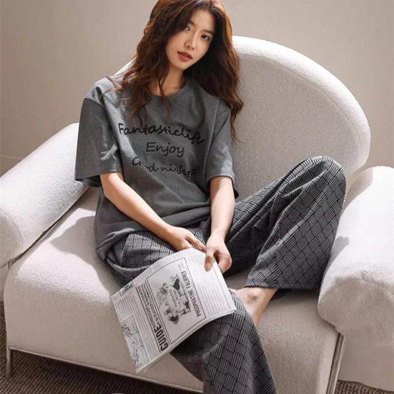 Short-Sleeved Shirt and Pants Suit Comfortable Nightwear Loungewear Set for Women Milanni Fashion