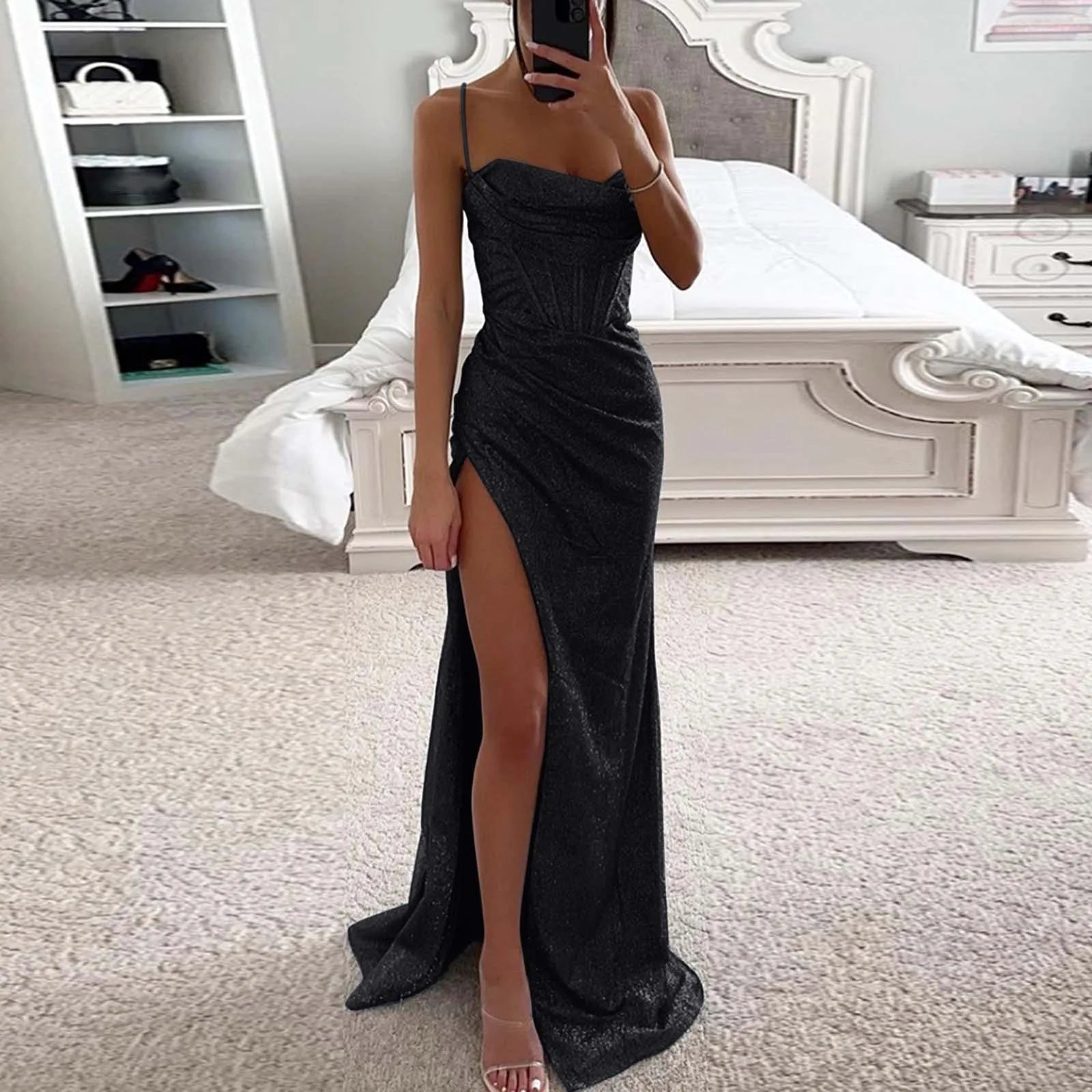 Women's Solid Color Sequin Dress Strap Sleeveless Backless Strap Cocktail Party Dress Maxi Dress Milanni Fashion Black M United States