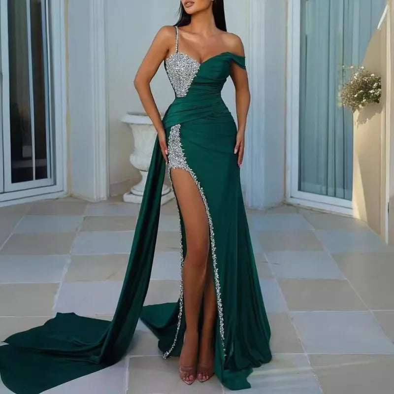 Elegant Sequins Strap V Neck Off Shoulder Halter Ruched Slit Evening Gala Floor Length Dress Maxi Dress Milanni Fashion Green S 