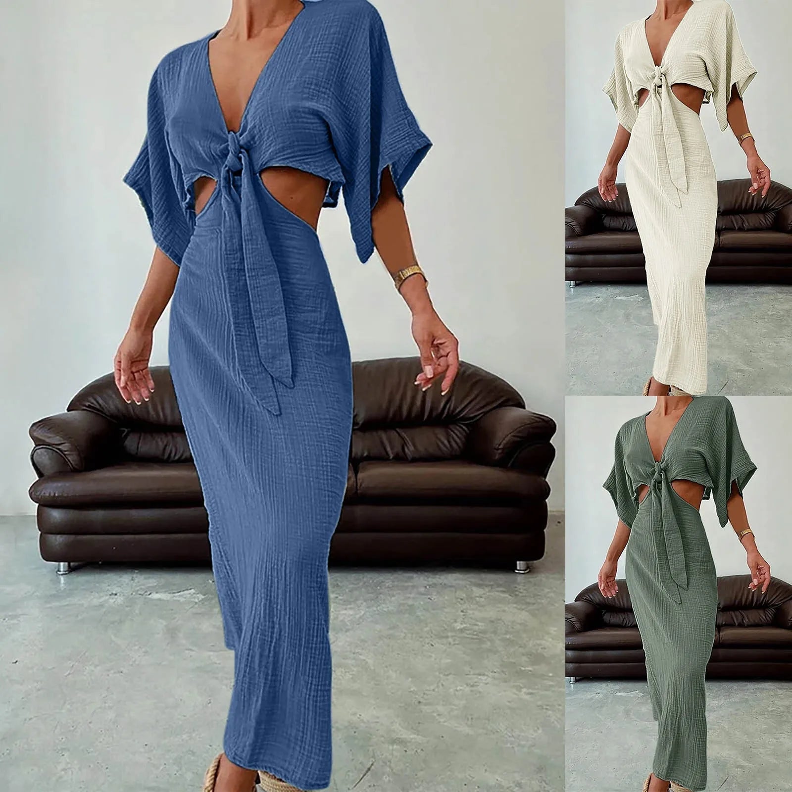 Casual Solid Cotton Linen Dress Women Sexy Deep V Neck Hollow Out Long Dress Maxi Dress Milanni Fashion   