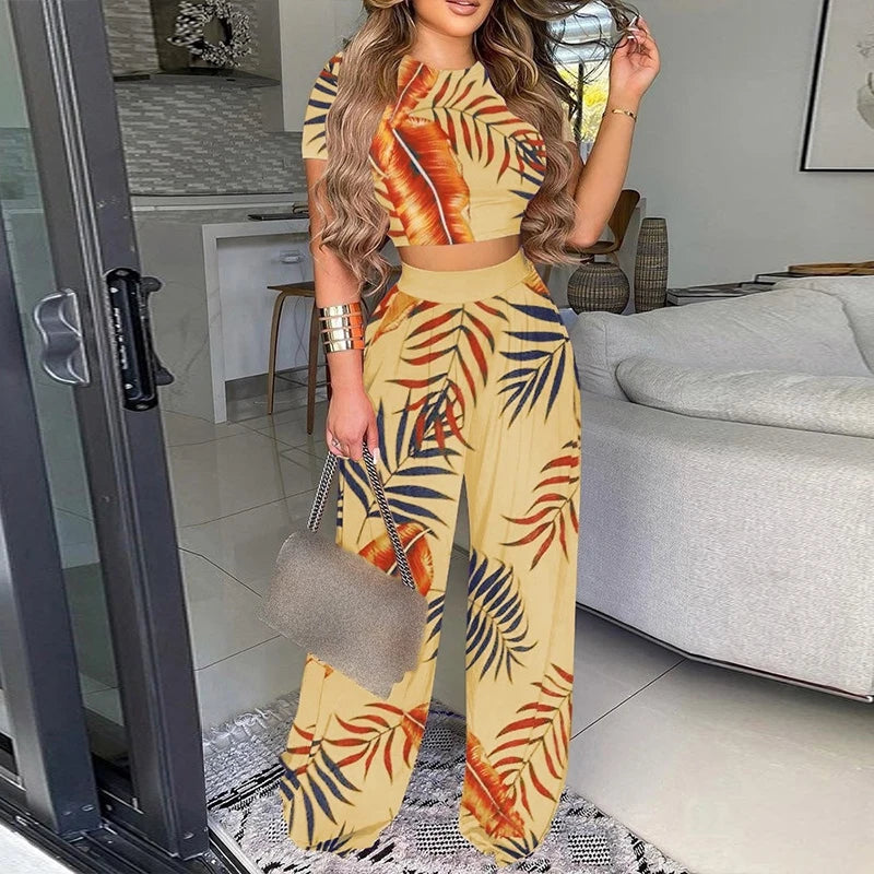 Elegant Print Office Lady Outfit O-Neck Shirt & Wide Leg Pants Women’s Two-Piece Set Milanni Fashion Khaki Print S