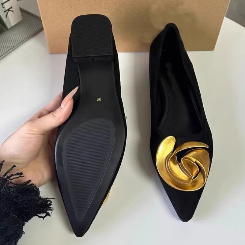 Pointed Toe Women's Flats Elegant Black Shoes with Trendy Metal Flower Design for a Luxury Look Milanni Fashion