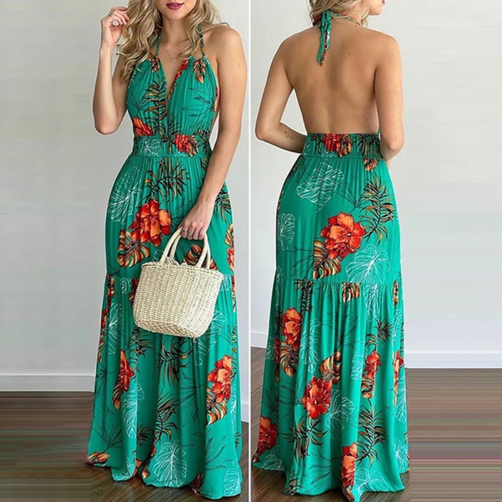 Bohemian Floral Casual Dress Sexy Backless Halter Strapless Beach Sundress Maxi Dress Milanni Fashion   