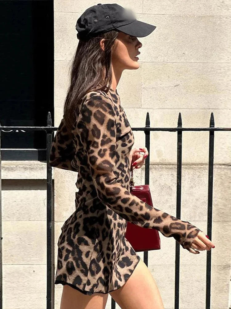 Sexy Leopard Print Slim Short Dress Vintage Chic Street O-Neck Long Sleeve Dress for Women Milanni Fashion