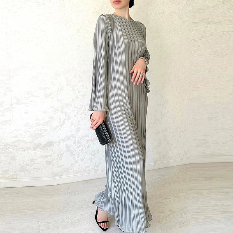 O Neck Pleated Party Dress Solid Color Flared Sleeve Gentle Temperament Elegant Dress for Women Milanni Fashion