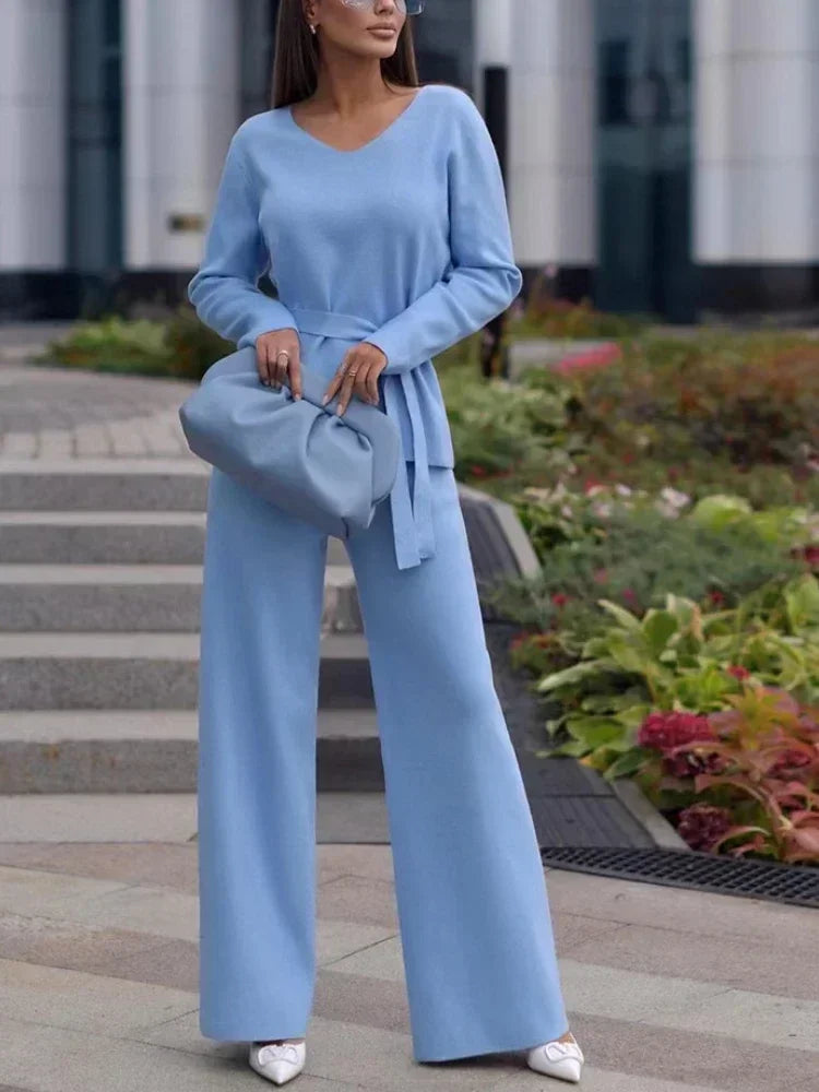 Casual V-neck Knitted Sweater Suit New Elegant Women's Sweater with Belt and Wide Leg Pant Set  Milanni Fashion SKY BLUE S 