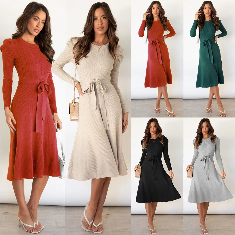 Bubble Long-Sleeved Knit Dress Mid-Length Temperament Thin High-Waisted Big Swing Bottoming Sweater Skirt Maxi Dress Milanni Fashion   