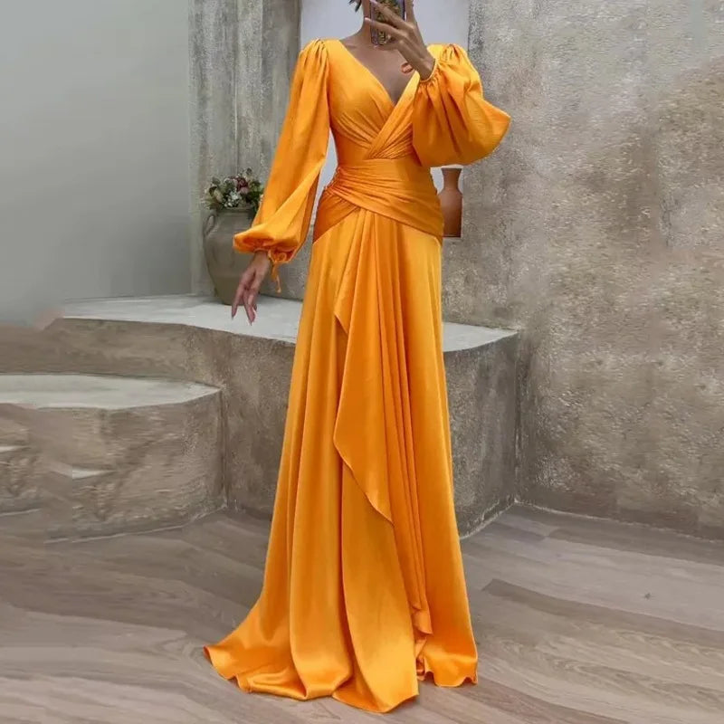 Floor Length Dress Slim Fit Sexy Deep V Neck Puff Sleeve Tight Waist Pleated Party Dress Maxi Dress Milanni Fashion yellow S 