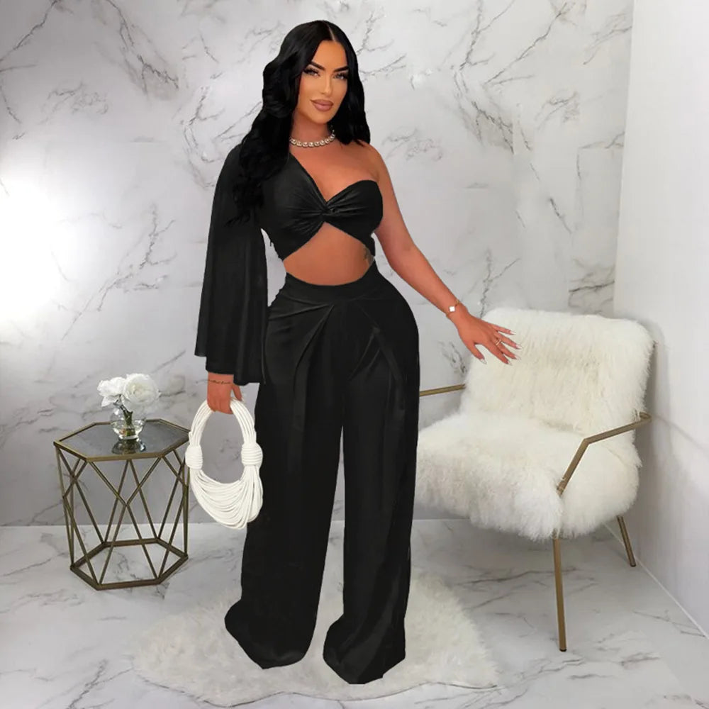 Ladies Sexy Matching Set Women Wide Leg Pant & One Shoulder Top Luxury Outfit  Milanni Fashion   