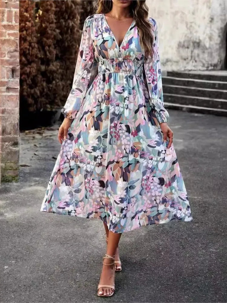 Women's 2024 Sexy V-neck Long-sleeved Dress Fashionable Floral Bohemian Resort Style Elegant Dress  Milanni Fashion   