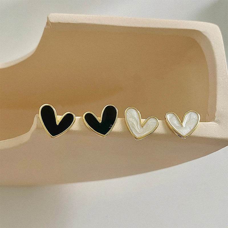 Cute Black White Love Heart Small Stud Earrings Delicate Enamel Heart Women's Fashion Jewelry Milanni Fashion