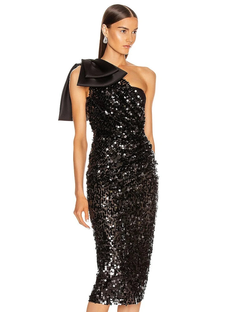 Sexy One Shoulder Bow Sequins Midi Dress Women Slanted Neck Mesh Sequined Slim Dress Midi Dress Milanni Fashion   