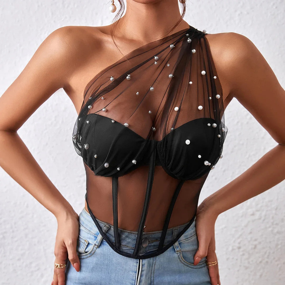 Backless Lace Up Crop Top, Pearl Chain Decoration Sexy Hollowing Mesh See Through Asymmetrical Halter-neck Vest  Milanni Fashion   