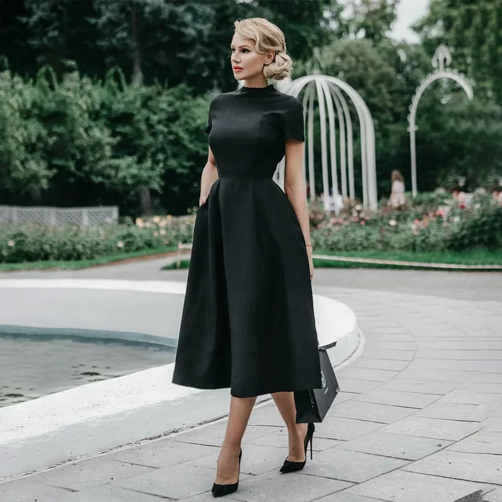 Elegant Black Dress Half High Collar High Waist A-Line Dress Slim Fit Midi Dress Maxi Dress Milanni Fashion black M 