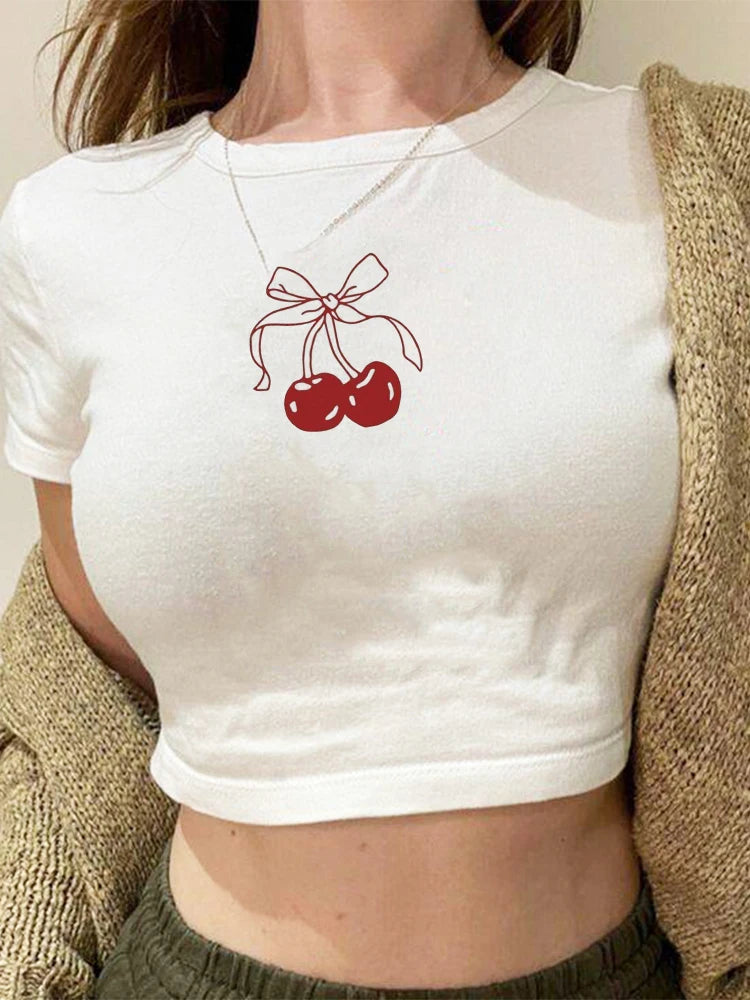 Aesthetics Kawaii Cherry Graphic Tee for Women Short Sleeve Slim Fit Casual T-Shirt Stylish Summer Top Milanni Fashion