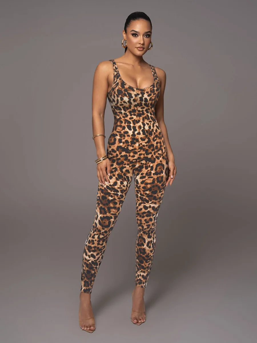 Leopard Print Skinny Nightclub Jumpsuit Spaghetti-Strap Yoga Fitness Outfit Stylish Activewear for Women Milanni Fashion