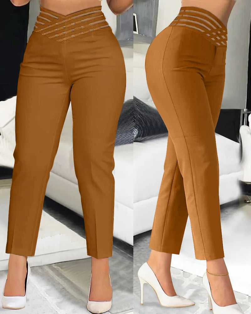 Loose Fit Overlap Waist Hollow Out Office Capri Solid Color Chic Capri Pants for Women Stylish Comfort Milanni Fashion