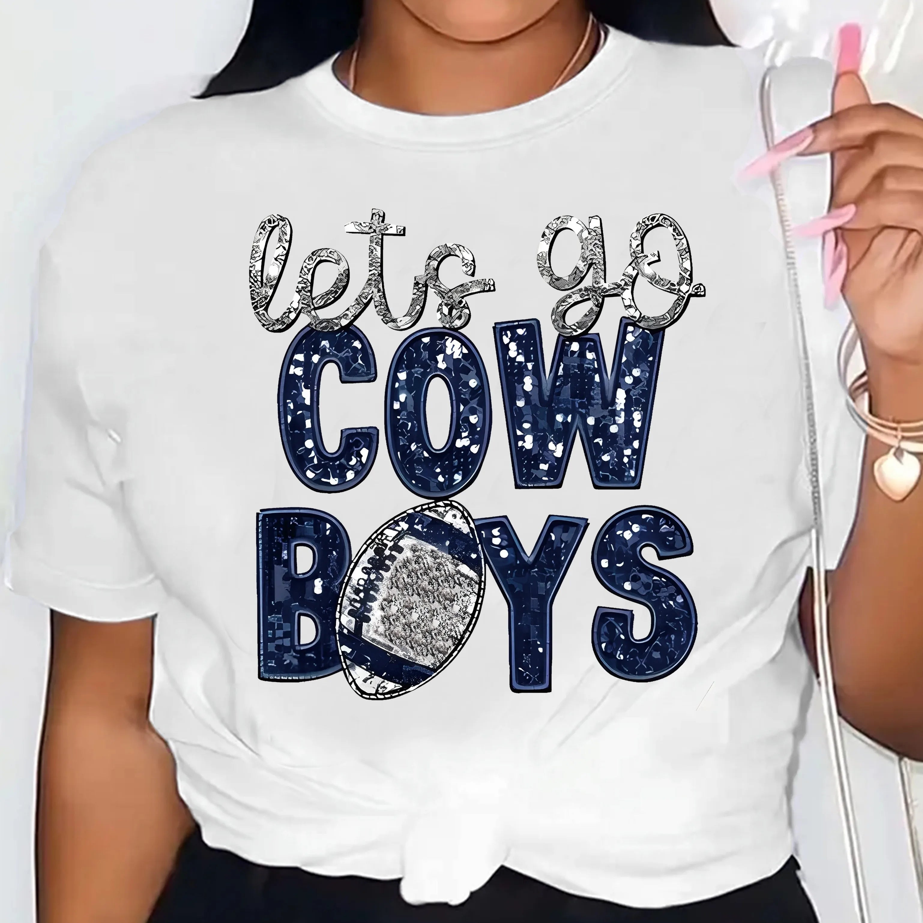 Cowboy & Football Print Crew Neck T-Shirt for Women Casual Short Sleeve Graphic Tee Milanni Fashion