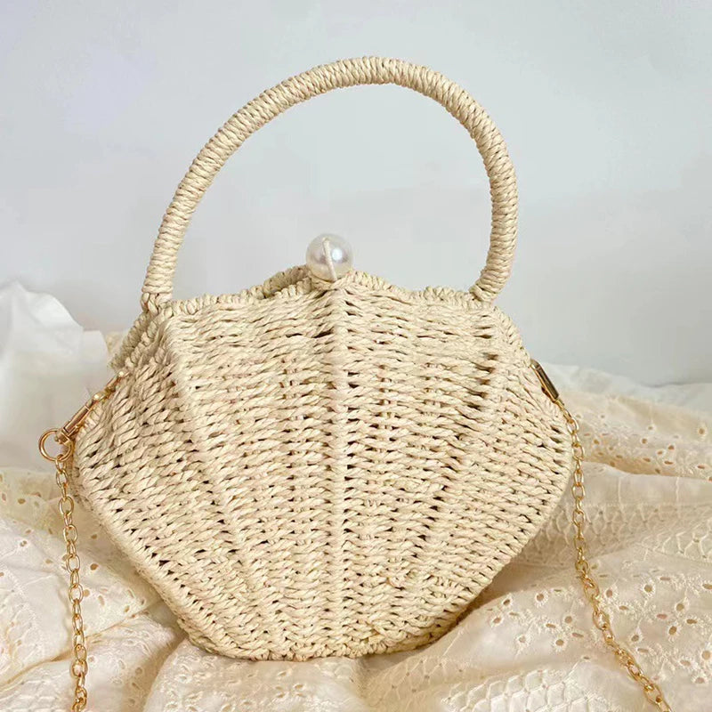 Shell Shaped Small Messenger Bag Rattan Woven Beach Fashionable Crossbody Bag  Milanni Fashion Off white  