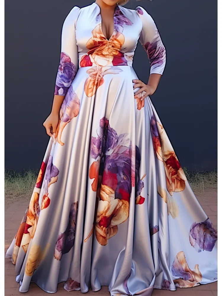 Plus Size Floral Printing Maxi Dress Elegant Multicolor V Neck 3/4 Sleeve Cotton Long Dress Maxi Dress Milanni Fashion   