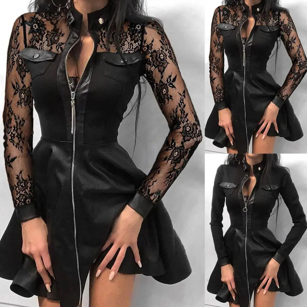 Fashion Women’s Lace Long Sleeve Zipper Pocket Faux Leather Mini Dress with Large Hem Milanni Fashion