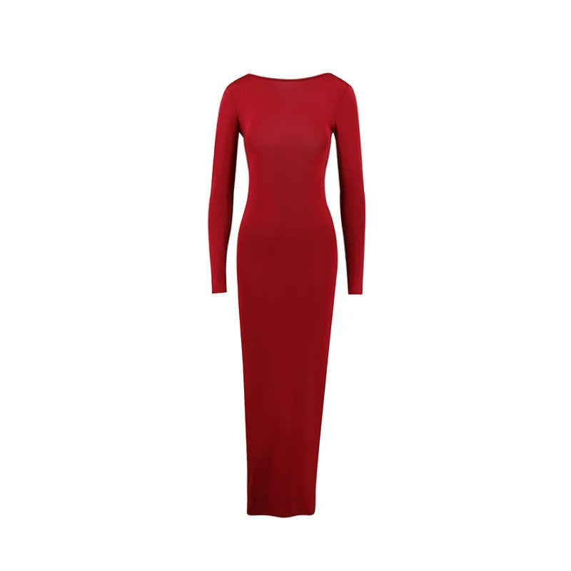 Slim Long-sleeved Backless Sexy Package Hip Dress New Style Dress Midi Dress Milanni Fashion red M 