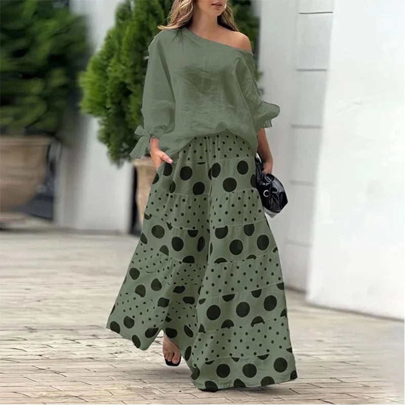 Solid Color Nine-quarter Sleeve Slant Collar T-Shirt Women Two Piece Set Dot Prints Multi-layer Splice Cake Skirt Suit Milanni Fashion