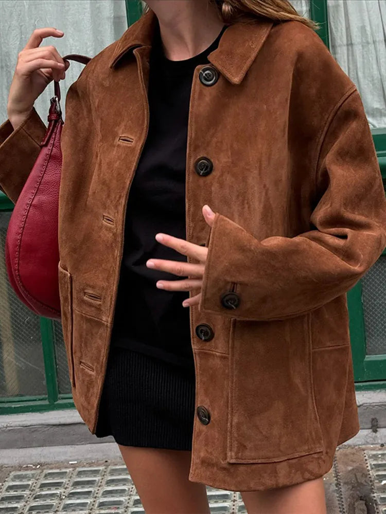 Brown Lapel Pocket Jacket for Women Fashion Long Sleeve Single Breasted Coat Stylish Outerwear Milanni Fashion