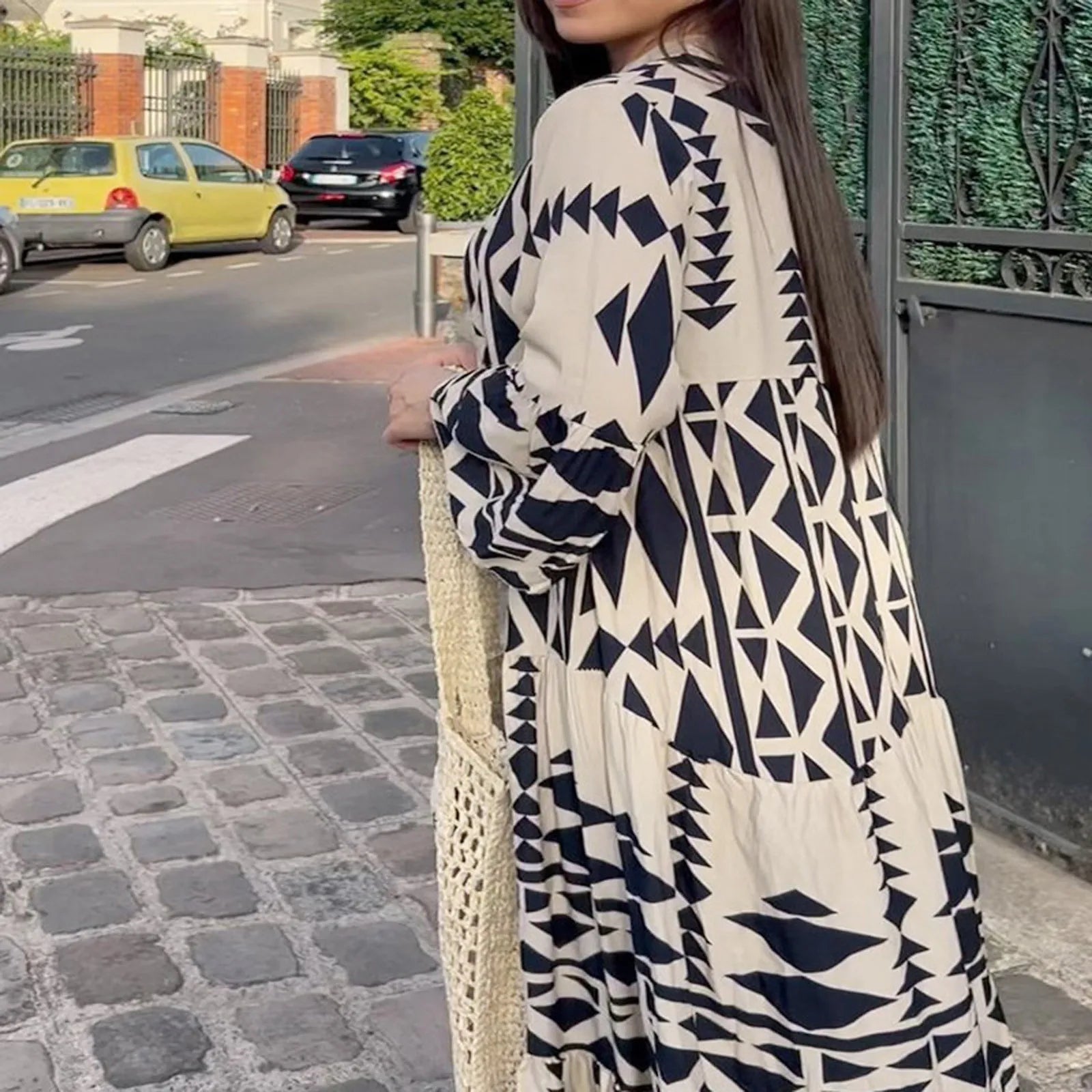 Women Long Sleeve Pleated Boho Print Long Dress Maxi Dress Milanni Fashion   