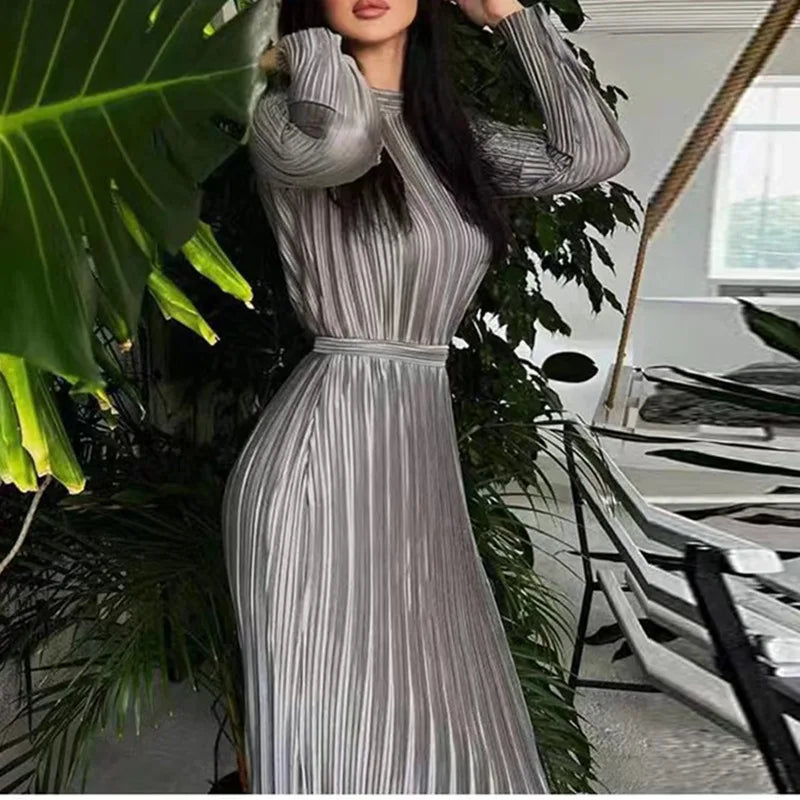 Autumn Semi High Neck Slim Fit Hip Hugging Long Skirt Pleated Long Sleeved Lace Up Dress  Milanni Fashion GRAY M 