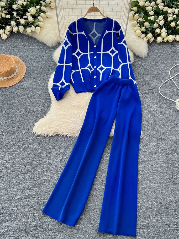 Single Breasted Cardigan and Wide Leg Long Pants Fashion Suit Knitted Two Piece Set Stylish and Comfortable Milanni Fashion Blue One Size