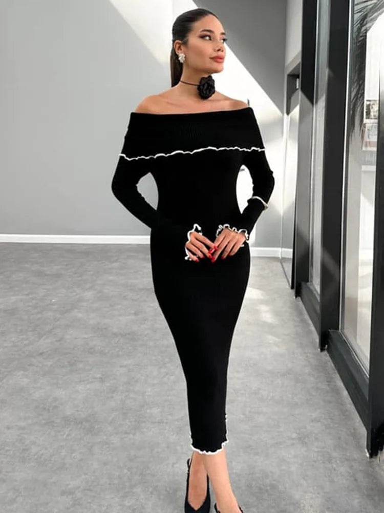 Fall Winter Sexy One-Shoulder Long Knit Dress Slim Elegant Fungus Splice Contrast Color Sweater Dress  Milanni Fashion Black M 