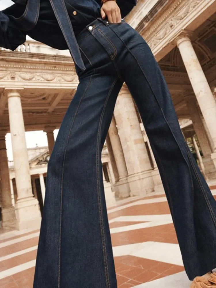 Retro Deep Blue Imitation Denim Jeans for Women High Waisted Floor Length Flared Pants Stylish Trousers Milanni Fashion