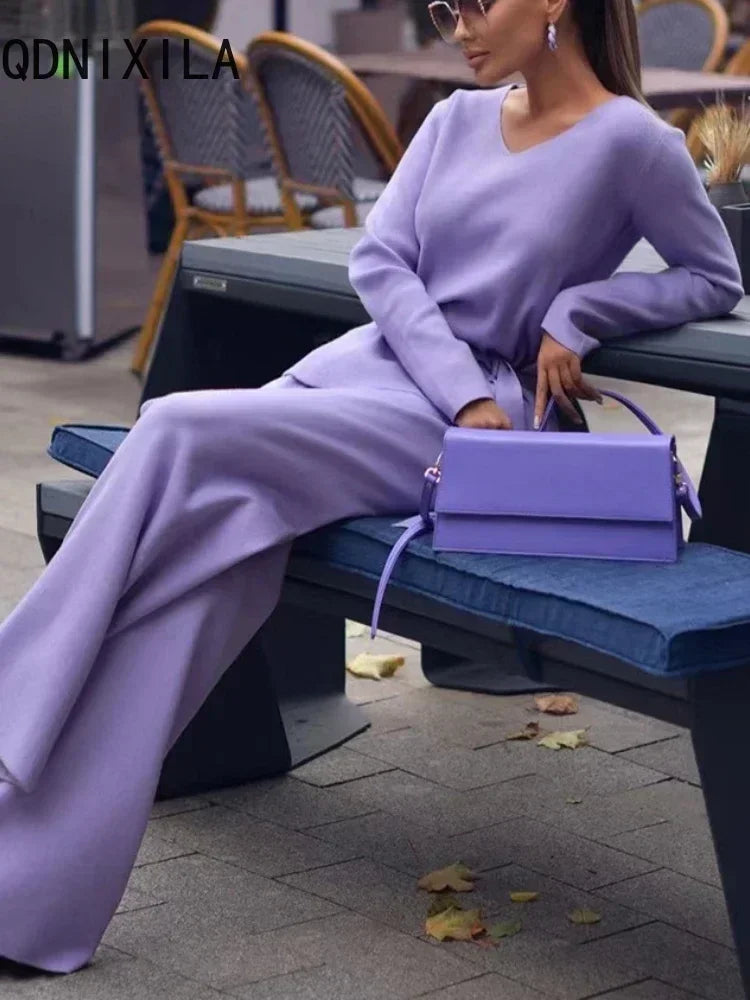 Casual V-neck Knitted Sweater Suit New Elegant Women's Sweater with Belt and Wide Leg Pant Set  Milanni Fashion Purple M 