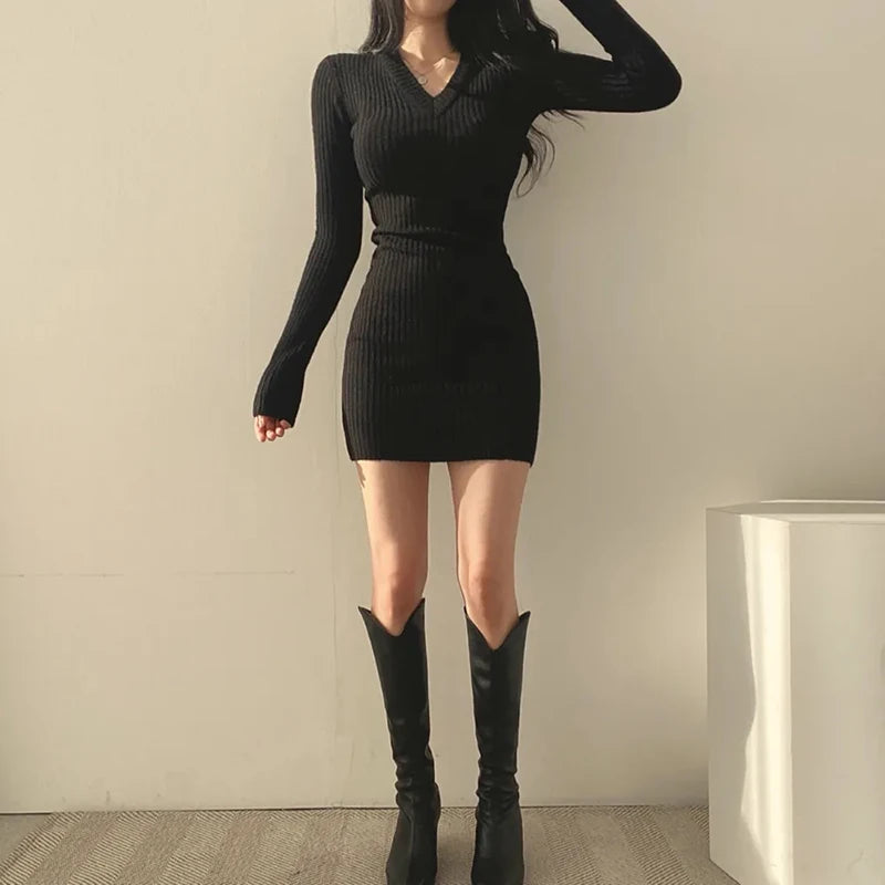 Women Knit Mini Dress Fall Winter Sexy Slim Long Sleeve Base Dress  Milanni Fashion   