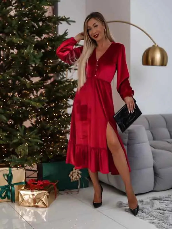 Women's Ruffles Patchwork Shirt Dress Fashion Deep V-neck Long Sleeve Dress Maxi Dress Milanni Fashion   