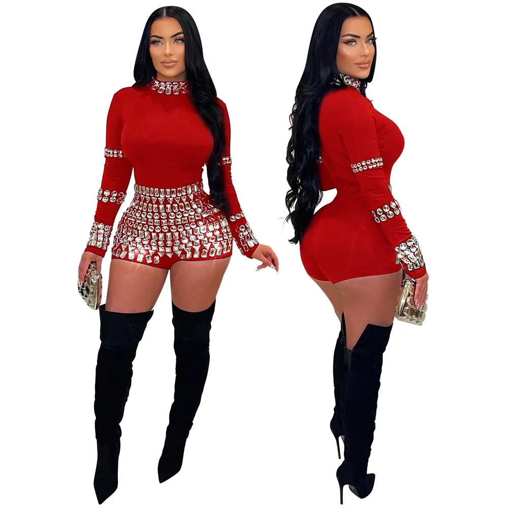 Diamonds Hot Rhinestones Long Sleeve Short Jumpsuit Women Sexy Sparkle Party Clubwear Stylish Bodysuit Milanni Fashion